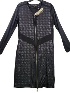 Robert Kitchen Zip Dress L Black Houndstooth Sheer sleeves Whimsygoth Dark Fairy